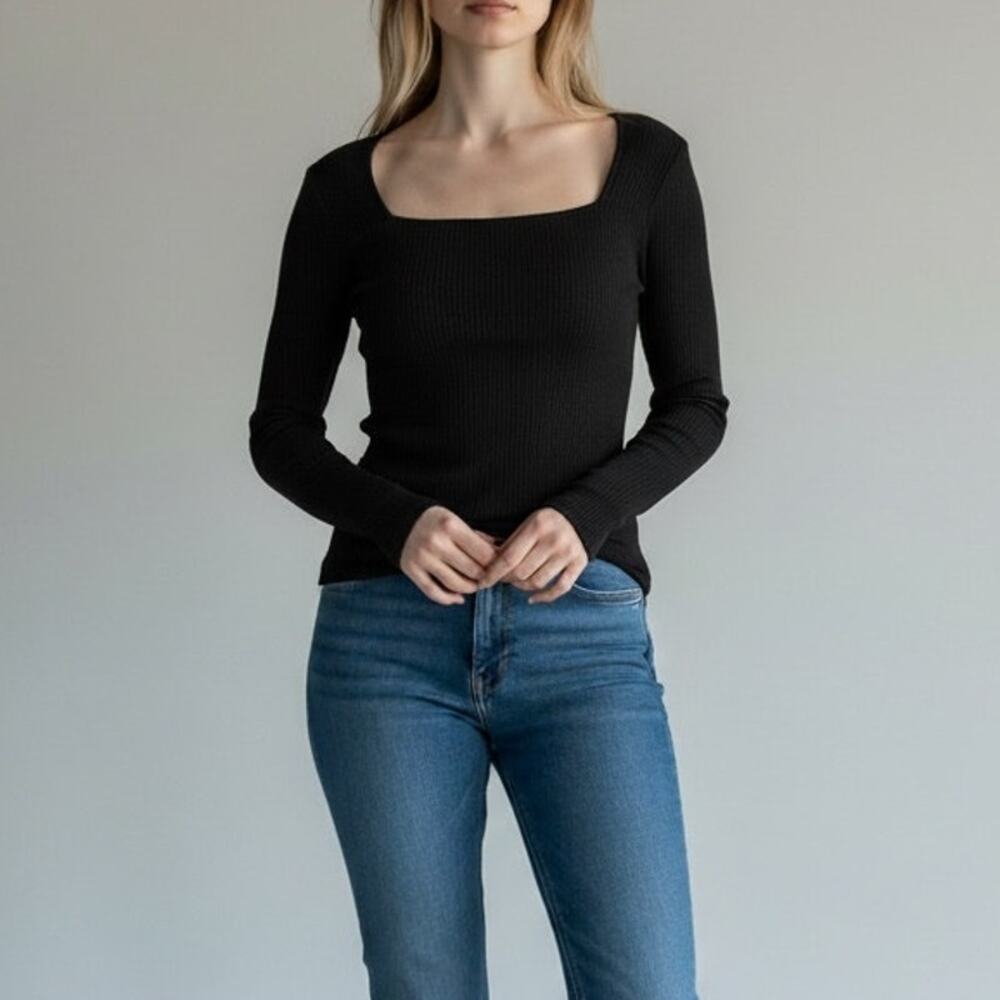 Banana Republic Long Sleeve Square Neck Top NWT Women's Sz XL Black Ribbed Chic